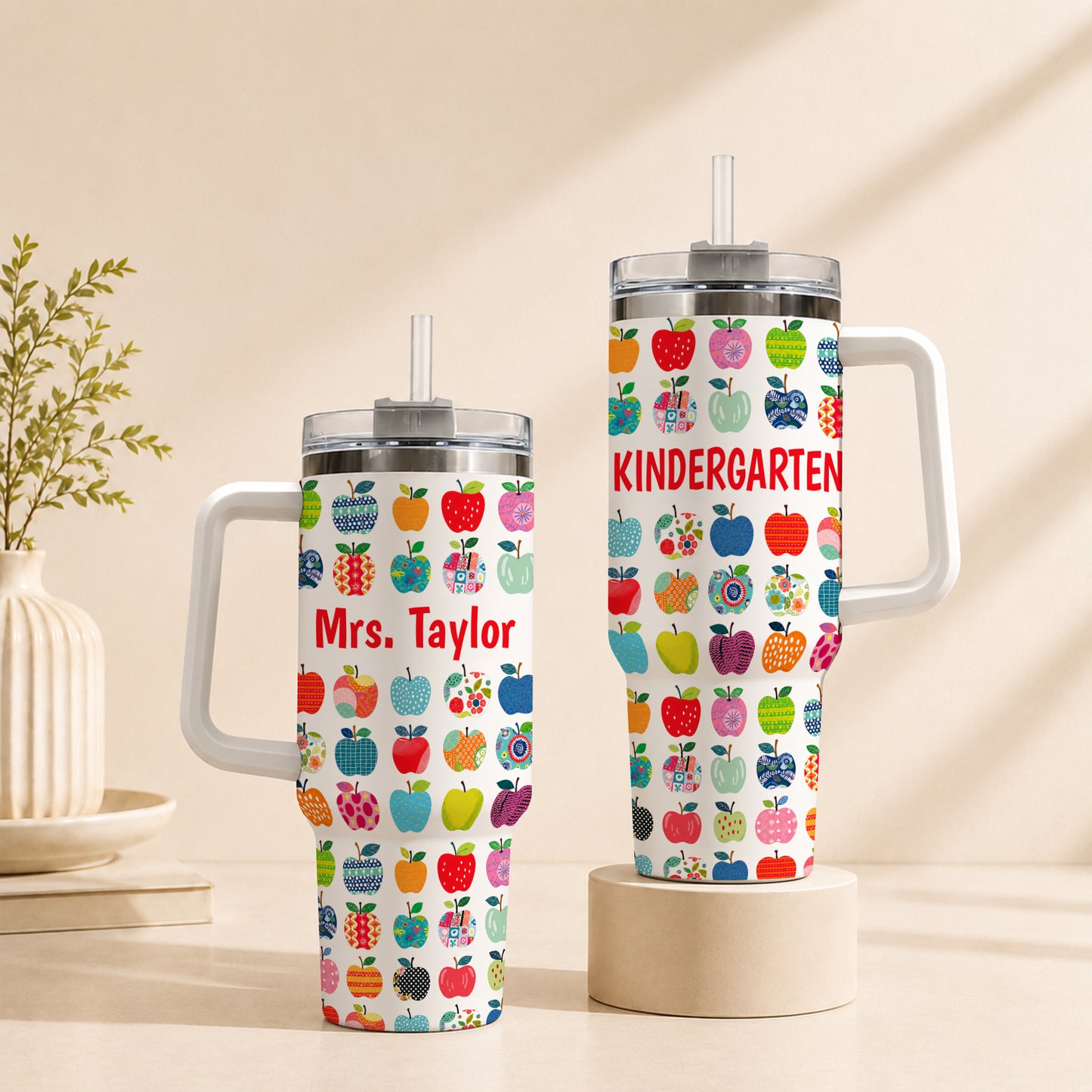 Apple Teacher Tumbler with Handle – Custom Teacher Name & Grade To Go Cup - Back To School Gift for Teachers