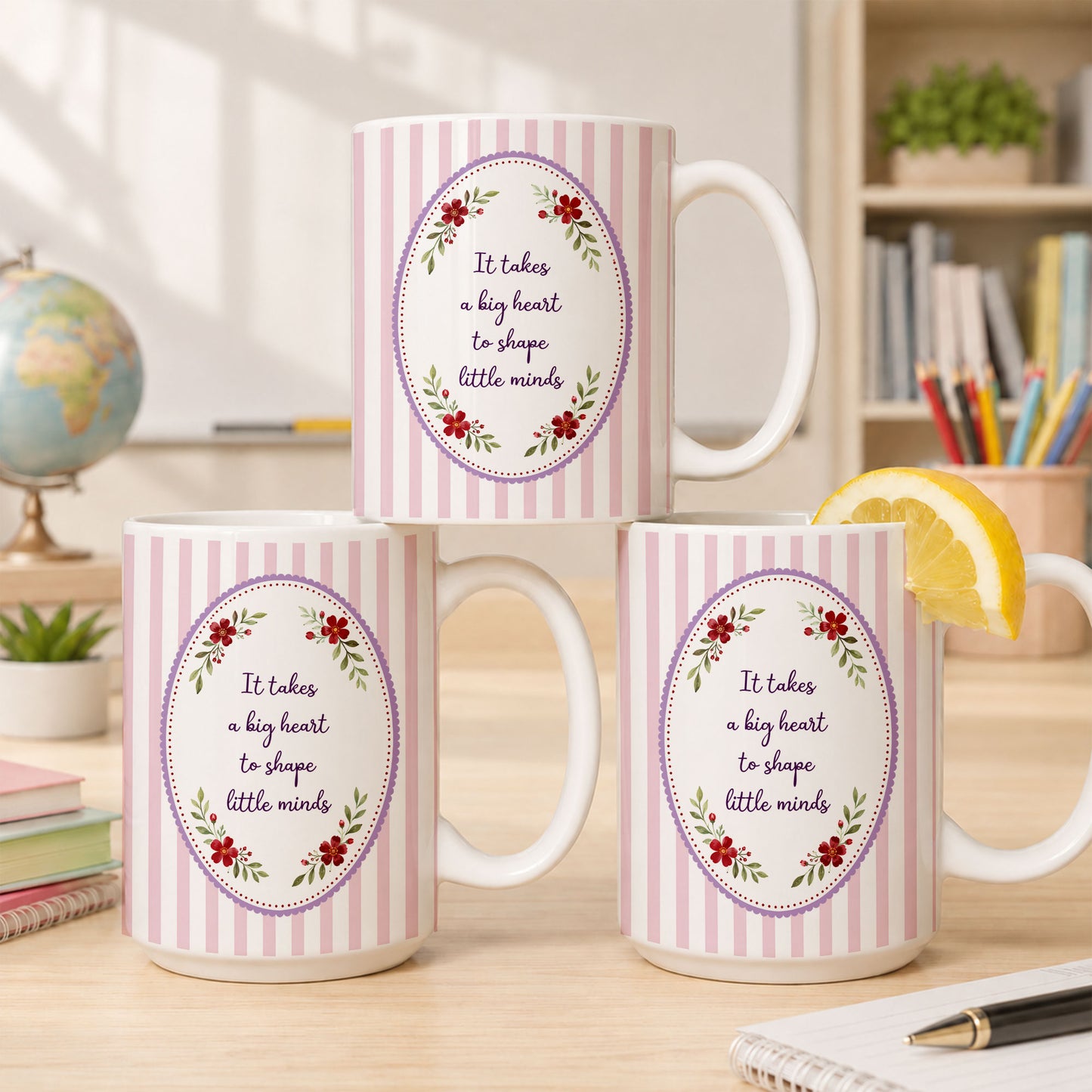 Back To School - Personalized Teacher Mug - ItTakes a Big Heart To Teach Little Minds - Custom Name Striped Coquette Mug,Teacher Appreciation Gift