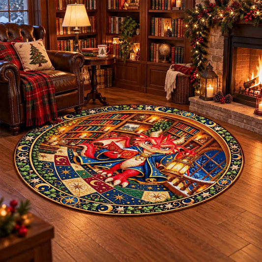 Personalized Round Rug - Fantasy Dragon Cat Dog Owl Reading In Spiral Library Rug - Book Lovers Christmas Gift