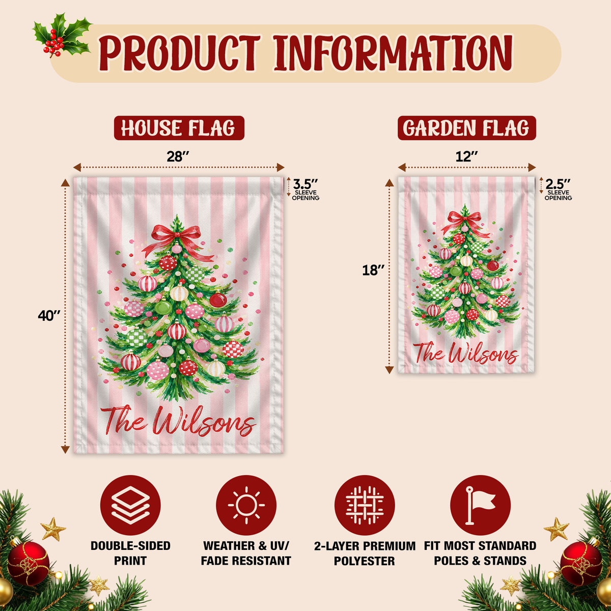 Personalized Christmas Garden Flag - Custom Family Name Flag - Christmas Porch Decor