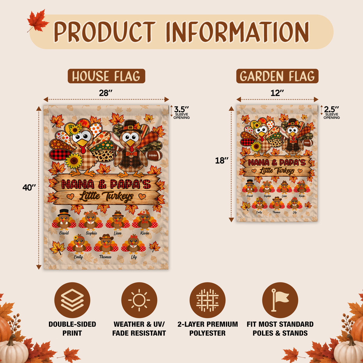 Personalized Thanksgiving Garden Flag - Nana Papa's Little Turkeys Flag - Thanksgiving Gift for Grandparents