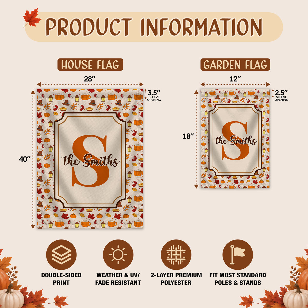 Personalized Thanksgiving Garden Flag - Custom Family Name Monogram Fall Yard Decor - Pumpkin Harvest Outdoor Flag - Autumn Home Decor