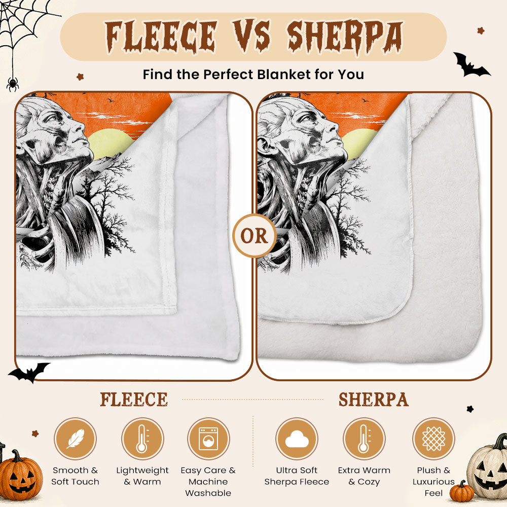 Anatomical Skeleton Blanket, Vintage Sunset Mountain Fleece & Sherpa Blanket, Gothic Nature Gift for Men Women
