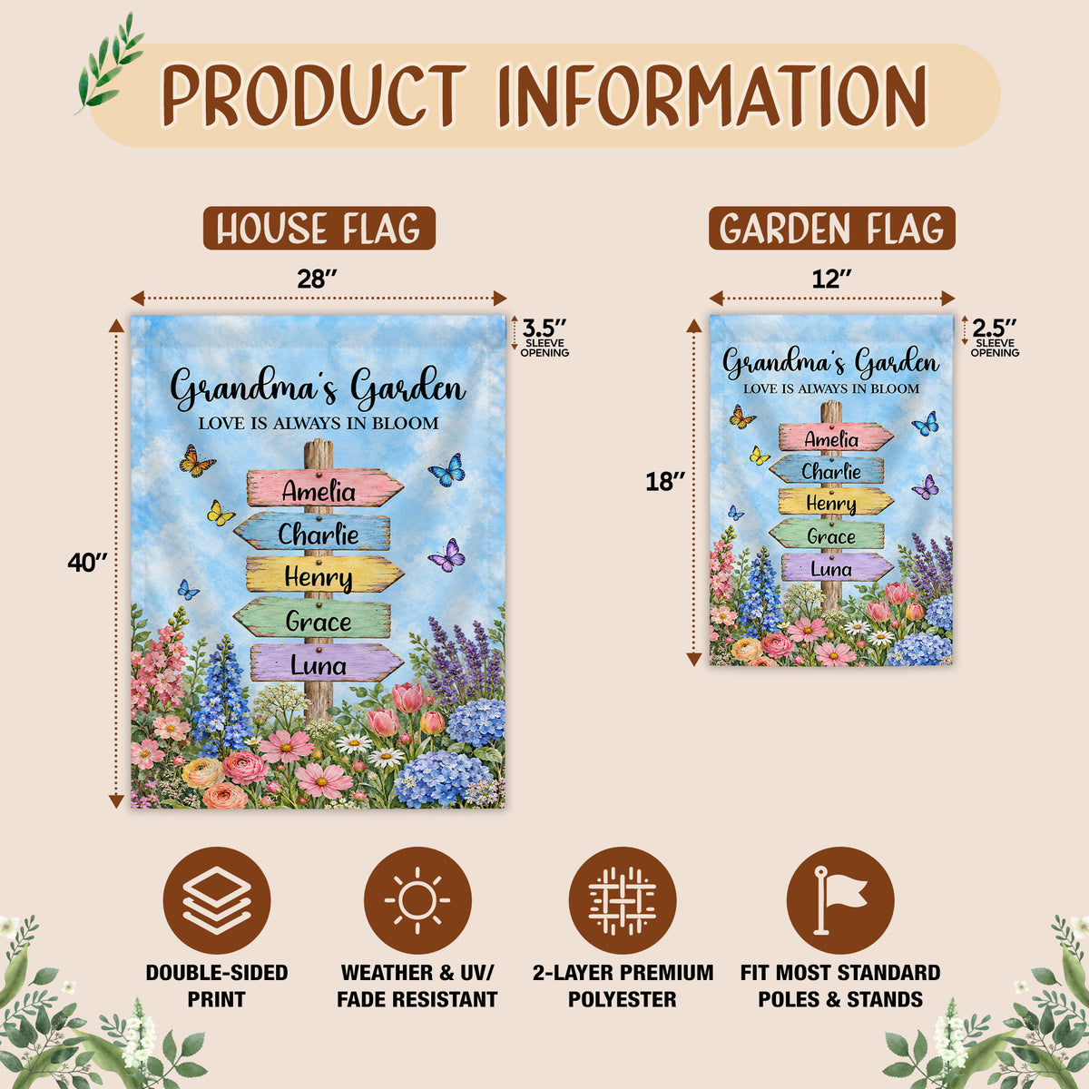 Personalized Garden Flag - Grandma's Garden Love is Always in Bloom - Gift for Grandma, Mom