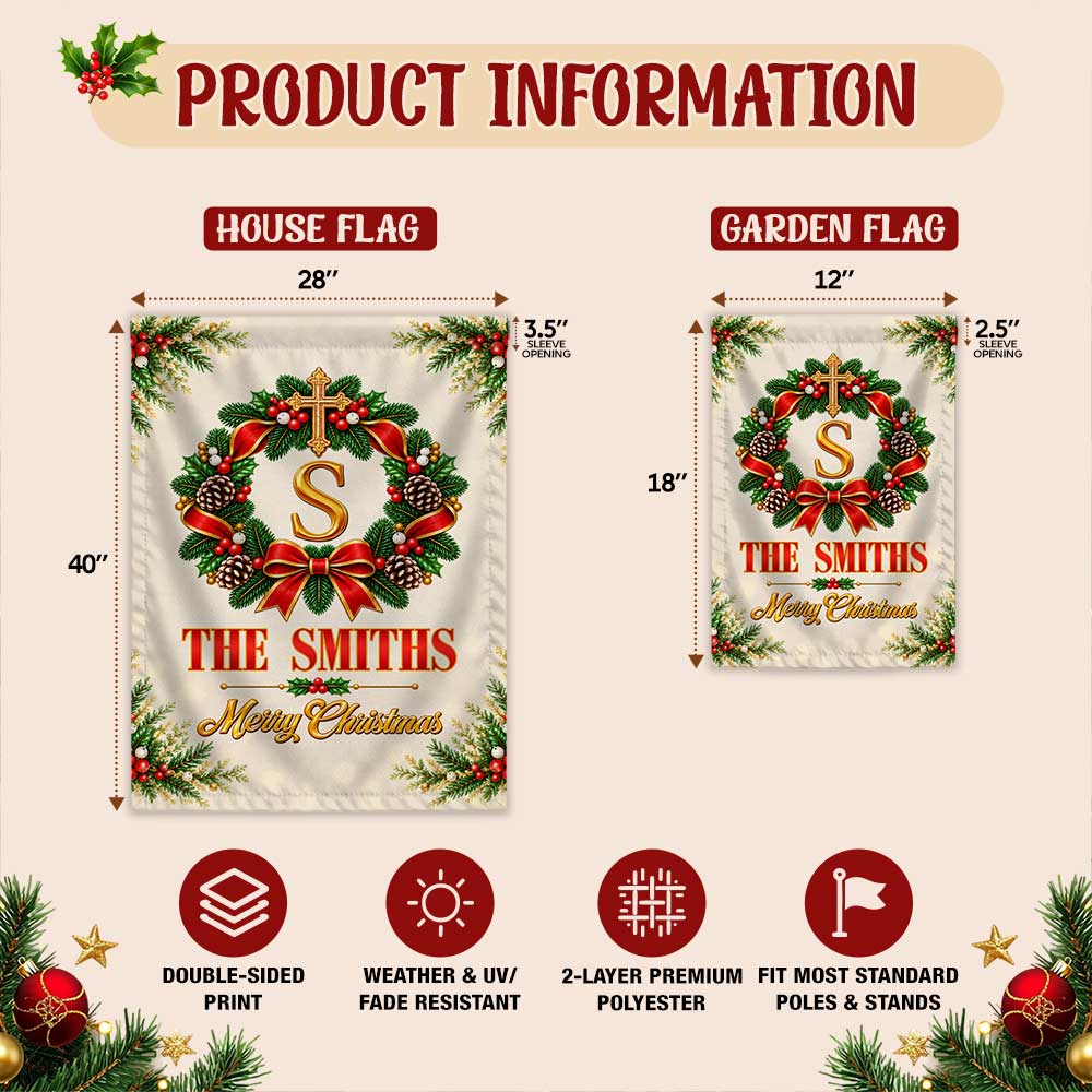 Personalized Christmas Garden Flag - Custom Family Name Monogram Wreath - Holiday Outdoor Decor, Christmas Gift