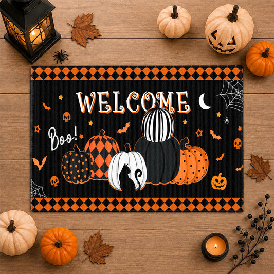 Halloween Door Mat, Spooky Front Door Mat, Skeleton Pumpkin Ghost Doormat, Halloween Entryway Decor