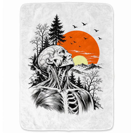 Anatomical Skeleton Blanket, Vintage Sunset Mountain Fleece & Sherpa Blanket, Gothic Nature Gift for Men Women