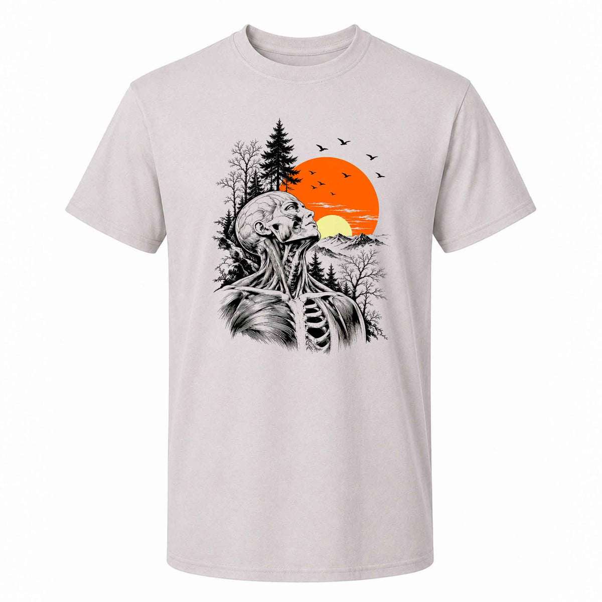 Anatomical Skeleton Sunset Shirt, Vintage Mountain Nature T-Shirt, Gothic Art Gift for Men Women