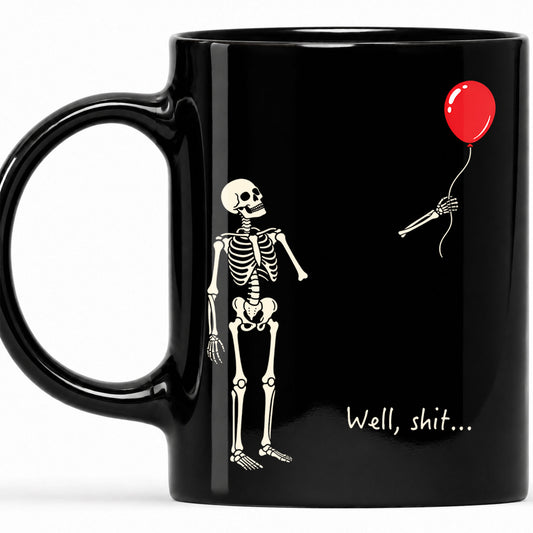 Skeleton Holding Red Balloon Halloween Mug, Funny Spooky Coffee Mug, Halloween Gift