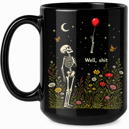 Skeleton Holding Red Balloon Halloween Mug, Funny Spooky Coffee Mug, Halloween Gift