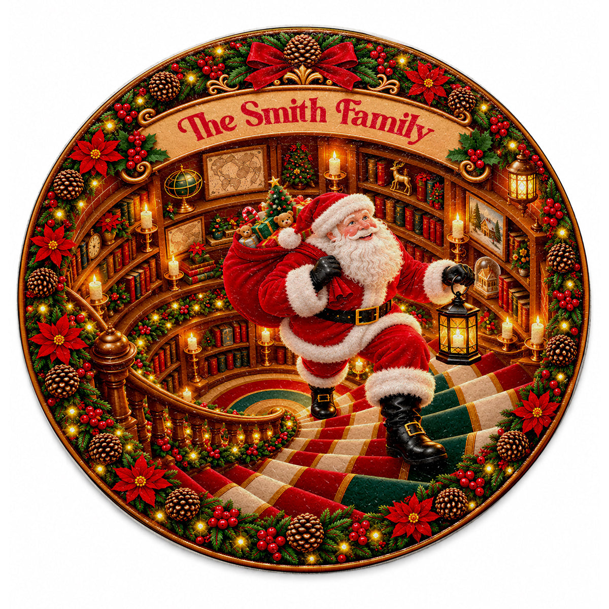 Personalized Christmas Round Rug - Custom Family Name Santa Claus 3D Effect Rug - Christmas Gift for Family