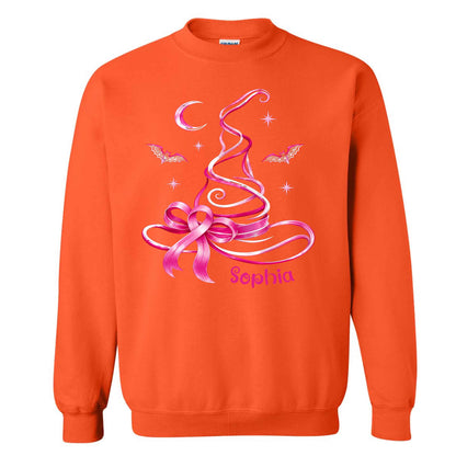 Personalized Breast Cancer Awareness Halloween Sweatshirt, Pink Ribbon Witch Hat Gift For Her, Family