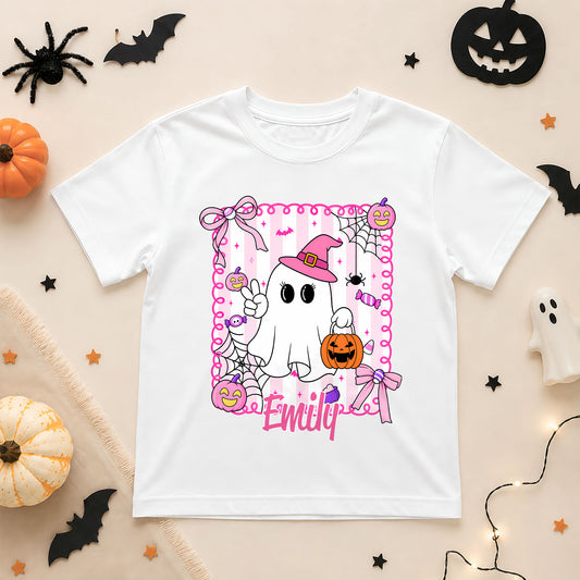Personalized Halloween T-Shirt for Boys & Girls - Custom Name Ghost Pumpkin Shirt - Halloween Gift for Kids