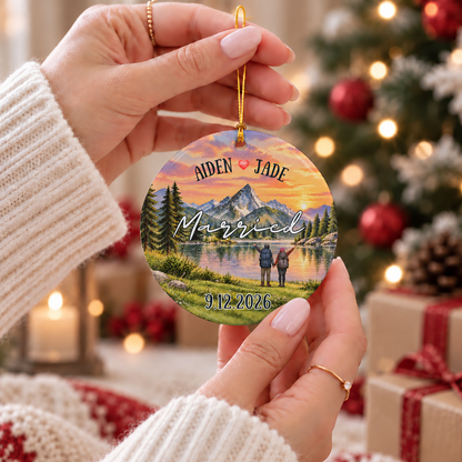 Personalized Christmas Ceramic Ornament - Married Engaged Couple Names Date - Newlywed Gift, Anniversary Gift