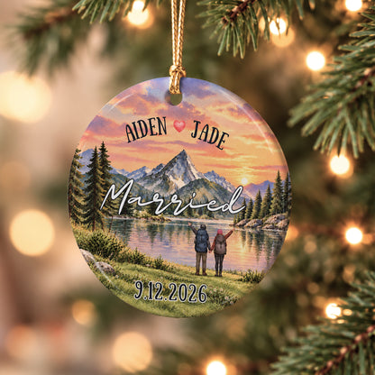 Personalized Christmas Ceramic Ornament - Married Engaged Couple Names Date - Newlywed Gift, Anniversary Gift