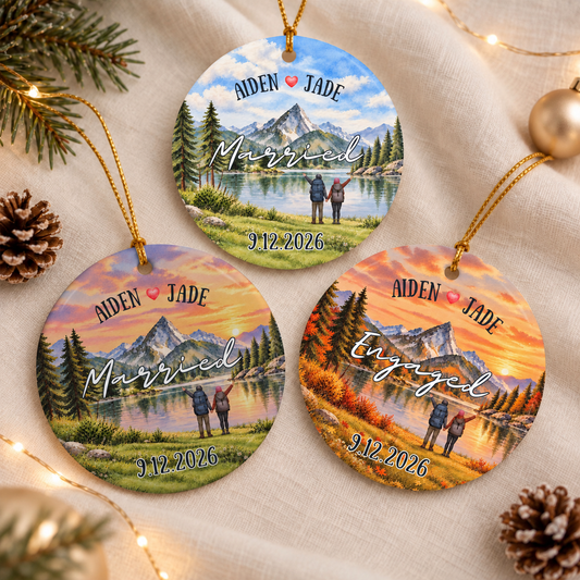 Personalized Christmas Ceramic Ornament - Married Engaged Couple Names Date - Newlywed Gift, Anniversary Gift