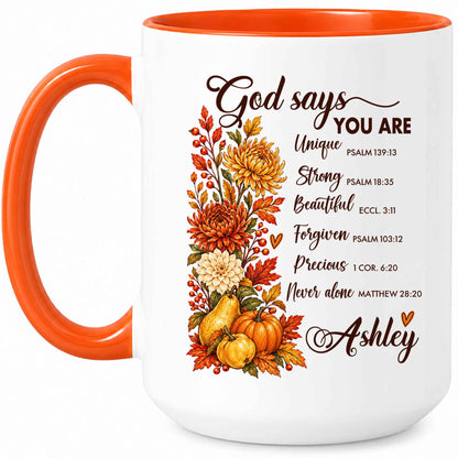 Personalized Thanksgiving Mug - God Says You Are Christian Coffee Cup - Fall Faith Gift for Friends, Self Gift