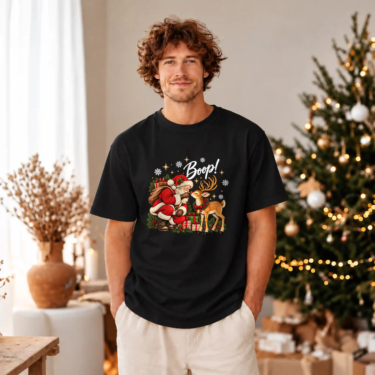 Santa Boop Reindeer Christmas Shirt, Funny Santa Claus Graphic Tee, Cute Holiday Christmas Gift