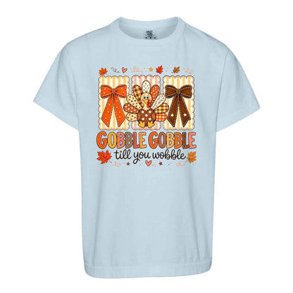 Girls Thanksgiving Shirt, Grateful Thankful Blessed Turkey Pumpkin Bow, Fall Gift for Kids & Women
