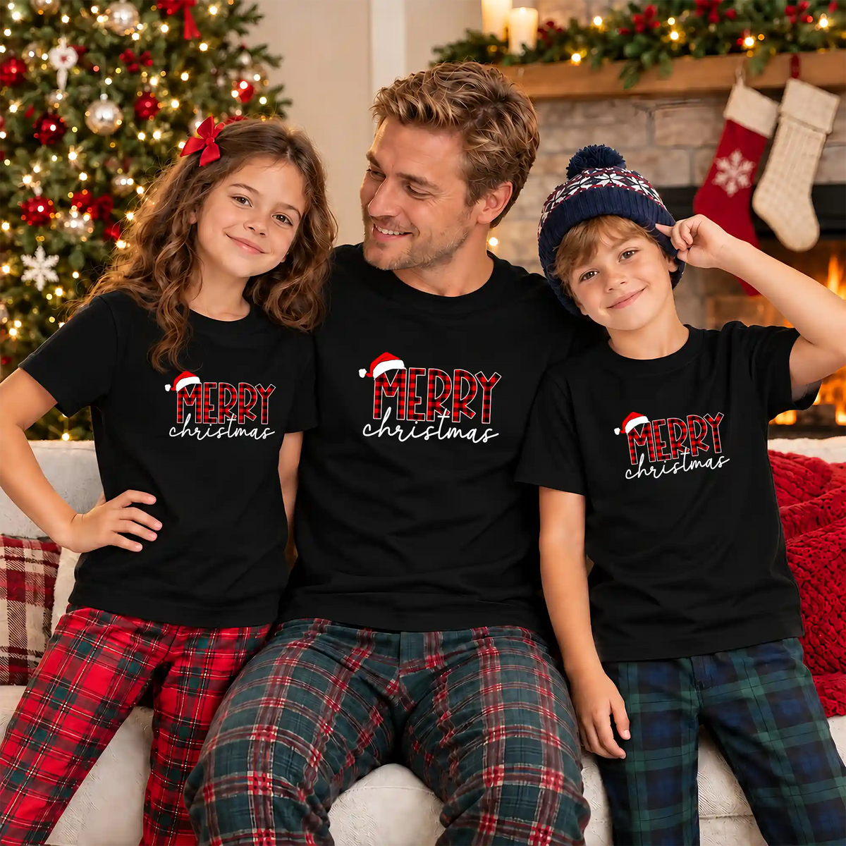 Matching Family Christmas Shirts, Merry Christmas Santa Hat Graphic Tees, Christmas Gift for Family