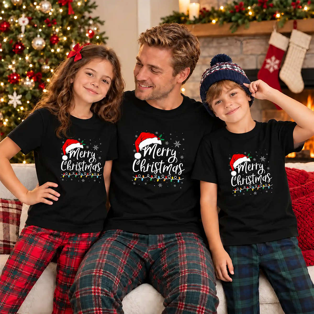 Matching Family Christmas Shirts, Merry Christmas Santa Hat Graphic Tees, Christmas Gift for Family