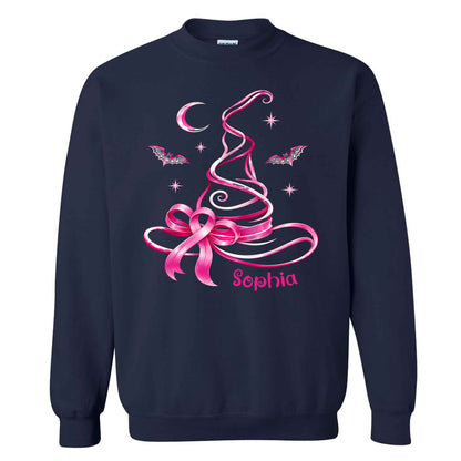 Personalized Breast Cancer Awareness Halloween Sweatshirt, Pink Ribbon Witch Hat Gift For Her, Family