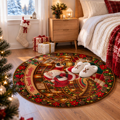 Personalized Christmas Round Rug - Custom Family Name Santa Claus 3D Effect Rug - Christmas Gift for Family