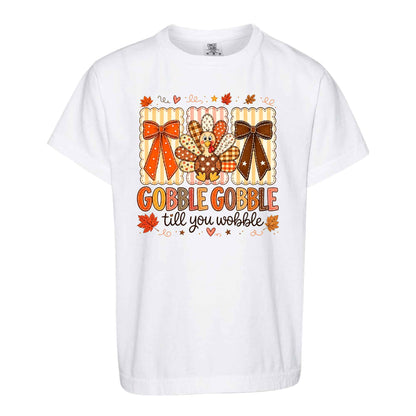 Girls Thanksgiving Shirt, Grateful Thankful Blessed Turkey Pumpkin Bow, Fall Gift for Kids & Women