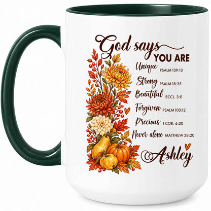 Personalized Thanksgiving Mug - God Says You Are Christian Coffee Cup - Fall Faith Gift for Friends, Self Gift