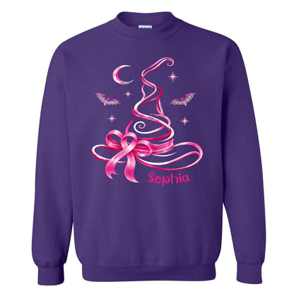 Personalized Breast Cancer Awareness Halloween Sweatshirt, Pink Ribbon Witch Hat Gift For Her, Family