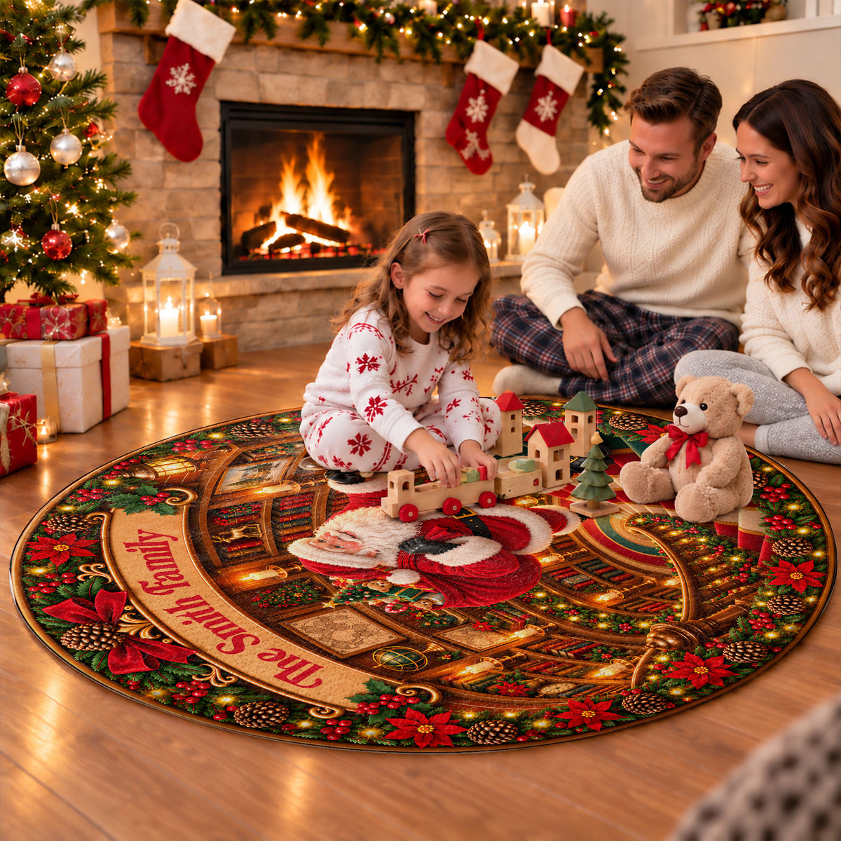 Personalized Christmas Round Rug - Custom Family Name Santa Claus 3D Effect Rug - Christmas Gift for Family