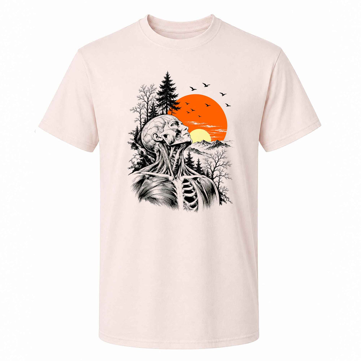 Anatomical Skeleton Sunset Shirt, Vintage Mountain Nature T-Shirt, Gothic Art Gift for Men Women