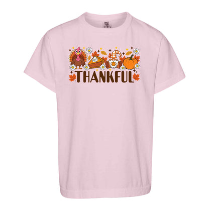 Girls Thanksgiving Shirt, Grateful Thankful Blessed Turkey Pumpkin Bow, Fall Gift for Kids & Women