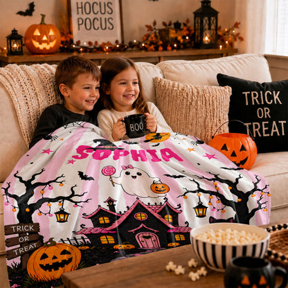 Personalized Halloween Fleece Blanket, Sherpa Blanket, Custom Name Ghost Pumpkin Blanket, Cute Spooky Seasonal Home Decor for Kids