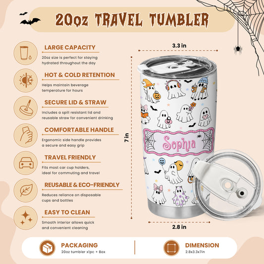 Personalized Halloween Tumbler 20oz Travel Tumbler with Name, Vintage Spooky Pattern Gift  For Girl & Boy