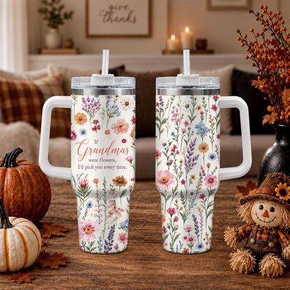 Personalized Thanksgiving Tumbler 40oz with Handle, Floral Fall Design, Gift For Grandma