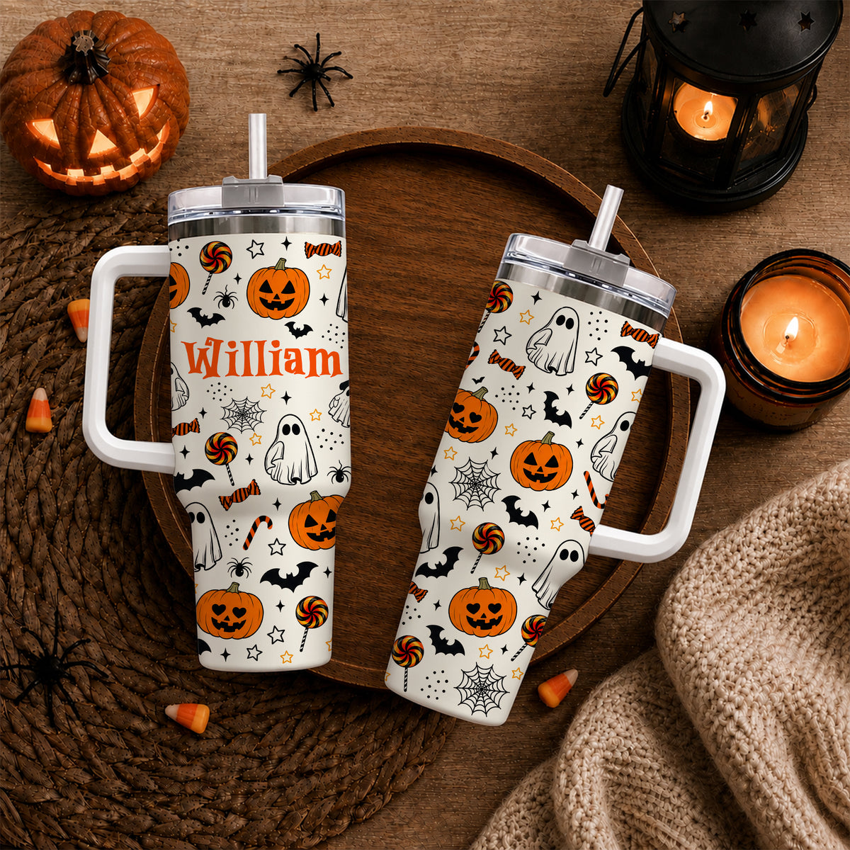 Personalized Halloween Tumbler, 40oz Travel Tumbler with Name, Vintage Spooky Pattern Gift Girls and Boys