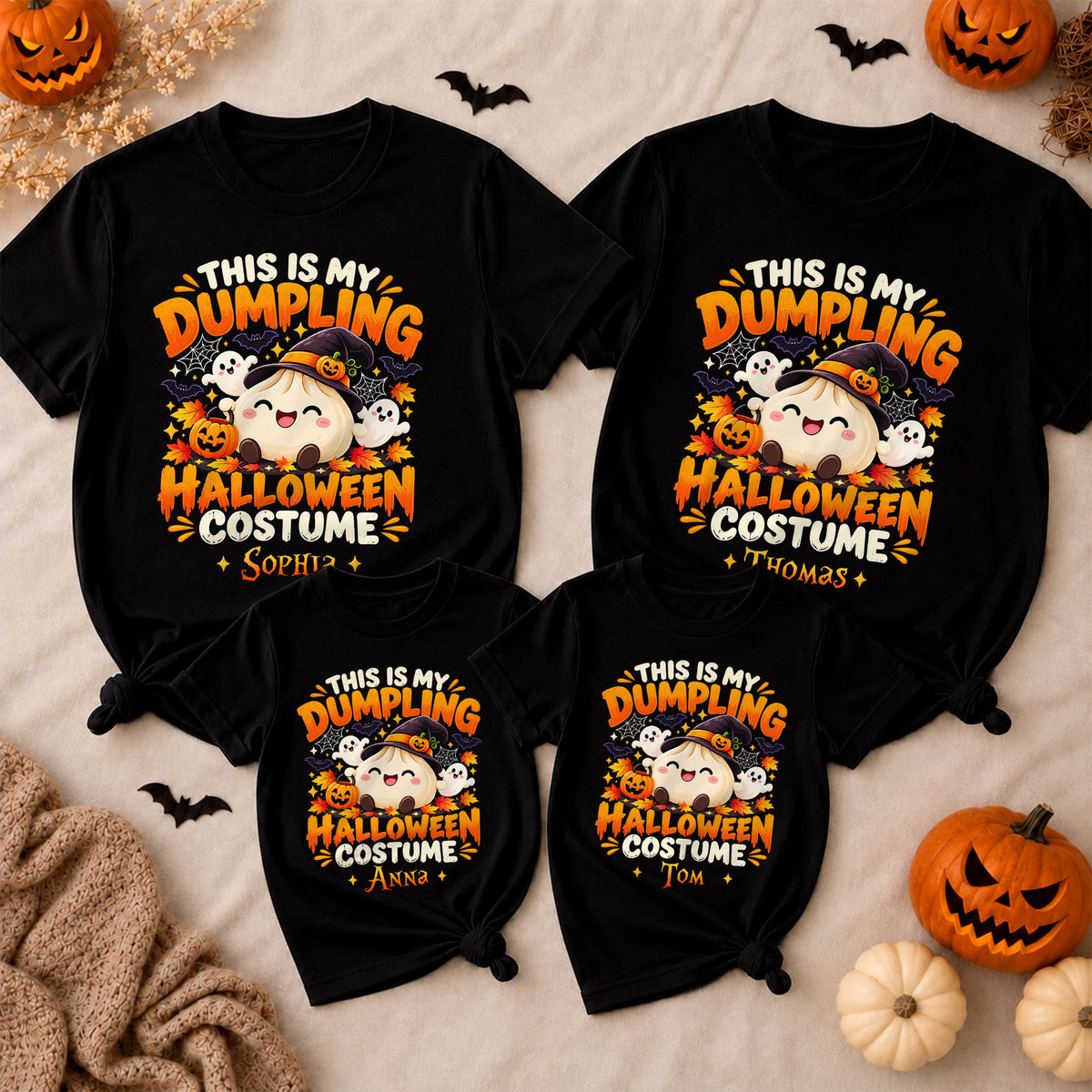 Personalized Squishy Dumpling Halloween Costume Shirt, Kawaii Spooky Dumpling Graphic Tee Gift For Family & Kids