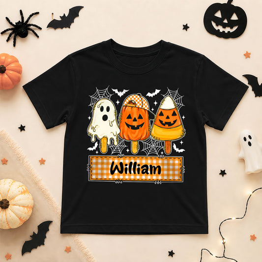 Personalized Halloween Shirt for Kids, Custom Name Spooky Ghost T-Shirt, Candy Corn Pumpkin Design, Halloween Shirt for Boys and Girls