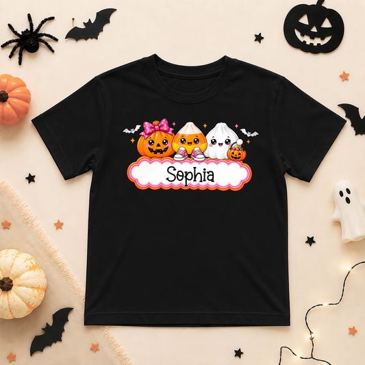 Personalized Halloween Shirt for Kids, Custom Name Spooky Ghost T-Shirt, Candy Corn Pumpkin Design, Halloween Shirt for Boys and Girls