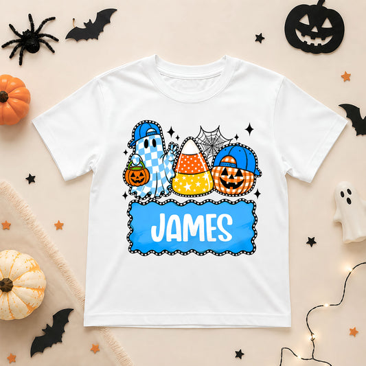 Personalized Halloween Shirt for Kids, Custom Name Spooky Ghost T-Shirt, Candy Corn Pumpkin Design, Halloween Shirt for Boys and Girls
