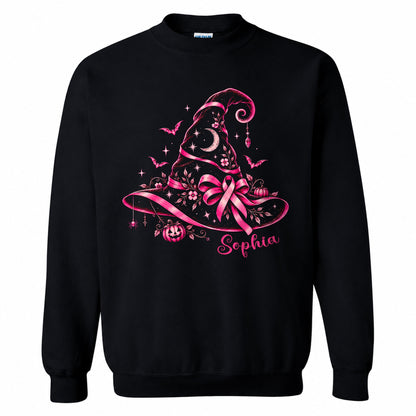Personalized Halloween Breast Cancer Awareness Shirt for Women, Pink Ribbon Witch Hat Design, Custom Name Family Matching Tee