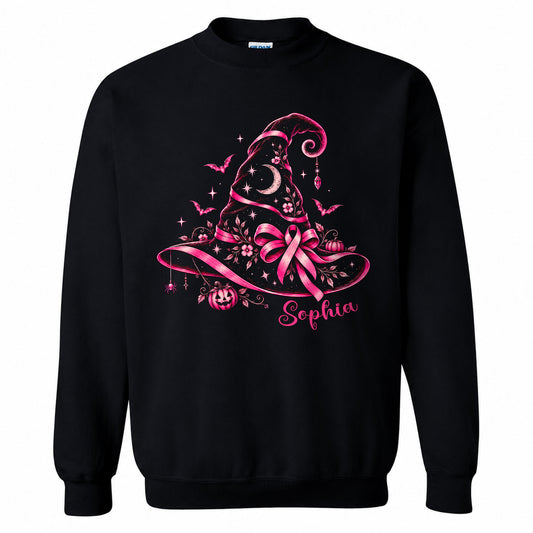 Personalized Halloween Breast Cancer Awareness Shirt for Women, Pink Ribbon Witch Hat Design, Custom Name Family Matching Tee