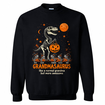 Personalized Grandmasaurus Halloween T-Shirt, Custom Grandkids Names Dinosaur Family Shirt, Spooky Pumpkin Grandma Tee