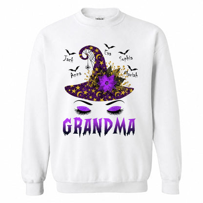 Personalized Grandma Witch Hat Sweatshirt, Custom Grandkids Names Halloween Shirt, Purple Witch Hat Family Gift