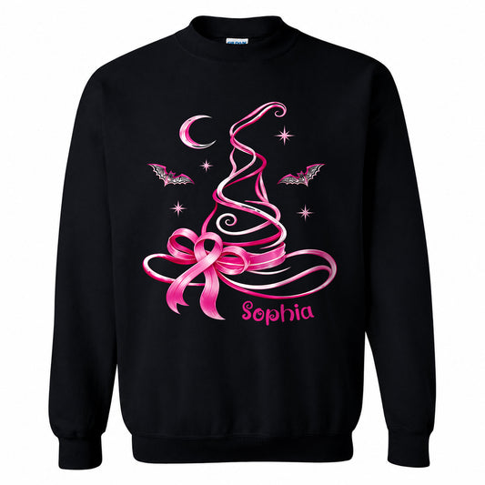 Personalized Halloween Breast Cancer Awareness Shirt for Women, Pink Ribbon Witch Hat Design, Custom Name Family Matching Tee