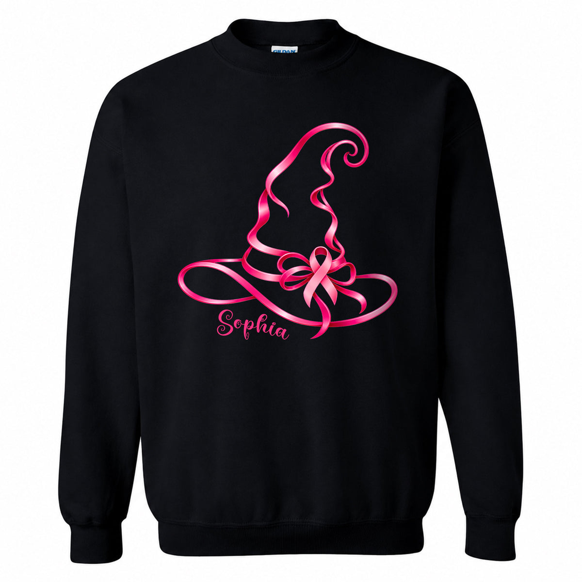 Personalized Halloween Breast Cancer Awareness T-Shirt & Sweater for Women, Pink Ribbon Witch Hat Design, Custom Name Family Matching Tee