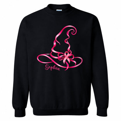 Personalized Halloween Breast Cancer Awareness T-Shirt & Sweater for Women, Pink Ribbon Witch Hat Design, Custom Name Family Matching Tee