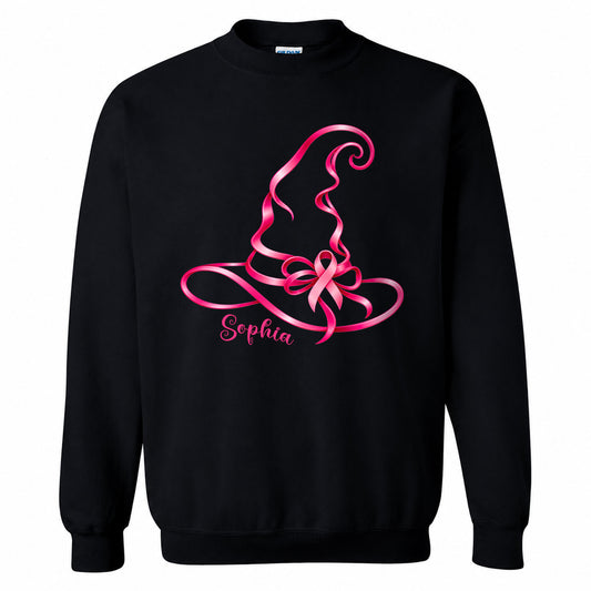 Personalized Breast Cancer Awareness Halloween Sweatshirt, Pink Ribbon Witch Hat Gift For Her, Family