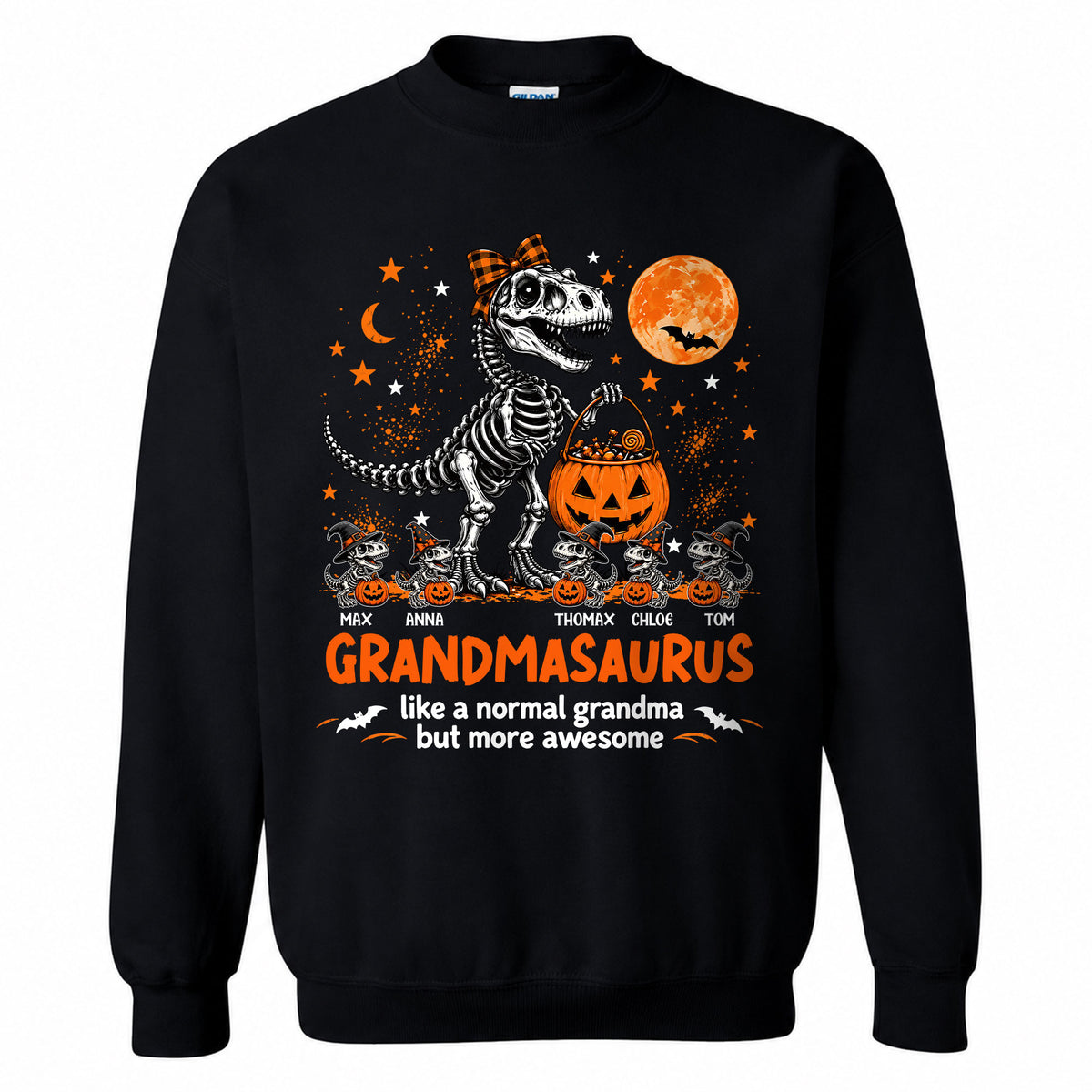 Personalized Grandmasaurus Halloween T-Shirt, Custom Grandkids Names Dinosaur Family Shirt, Spooky Pumpkin Grandma Tee